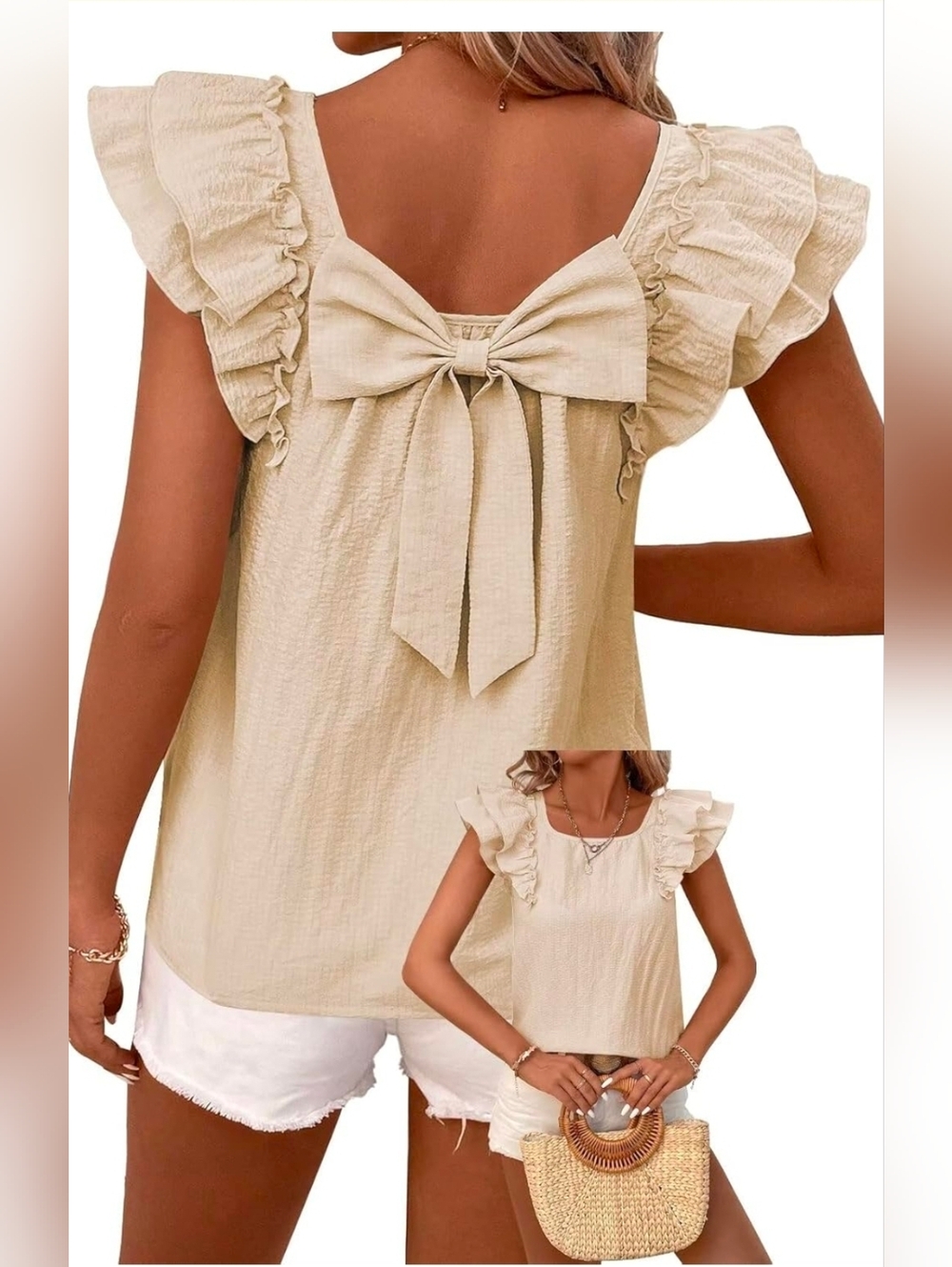 🔥 Falechay Apricot Women's Summer Top Ruffle Sleeves, Bow Tie Bac L Textured